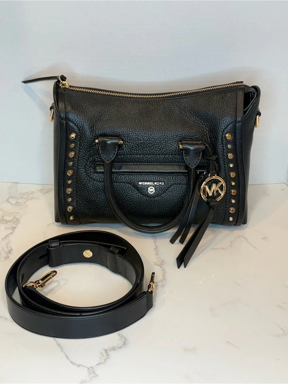 Michael Kors Black Pebbled Leather Satchel with Gold Accents